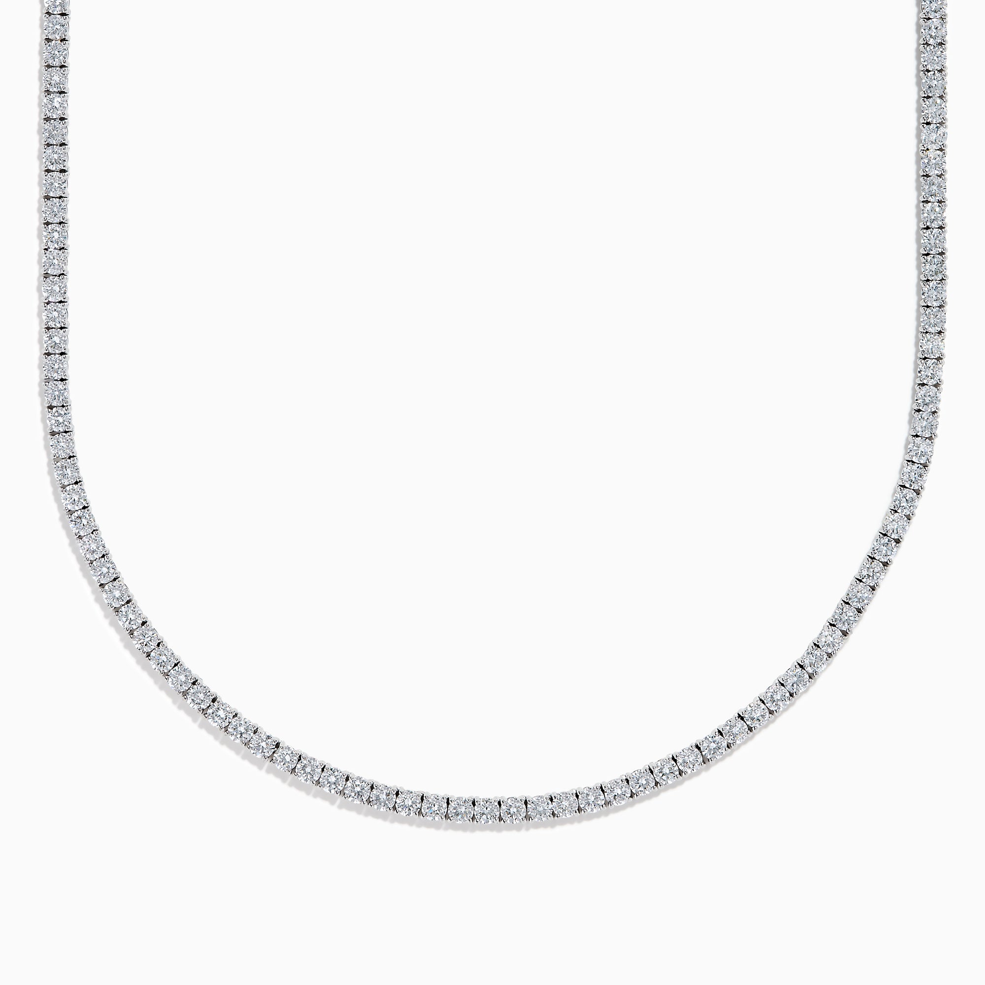 The Lab Grown Round Diamond 14.69ct Tennis Necklace in 14K White Gold features a continuous row of sparkling lab-grown diamonds set in a slim white gold chain, shown against a white background.