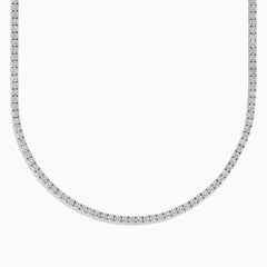 The Lab Grown Round Diamond 14.69ct Tennis Necklace in 14K White Gold features a continuous row of sparkling lab-grown diamonds set in a slim white gold chain, shown against a white background.