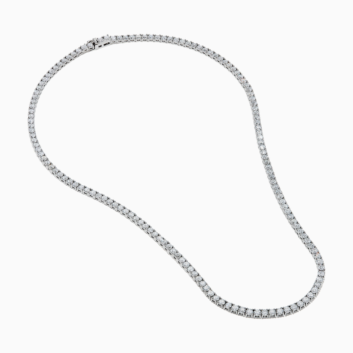 The Lab Grown Round Diamond 14.69ct Tennis Necklace in 14K White Gold features a continuous row of sparkling lab-grown diamonds set in a slim white gold chain, shown against a white background.