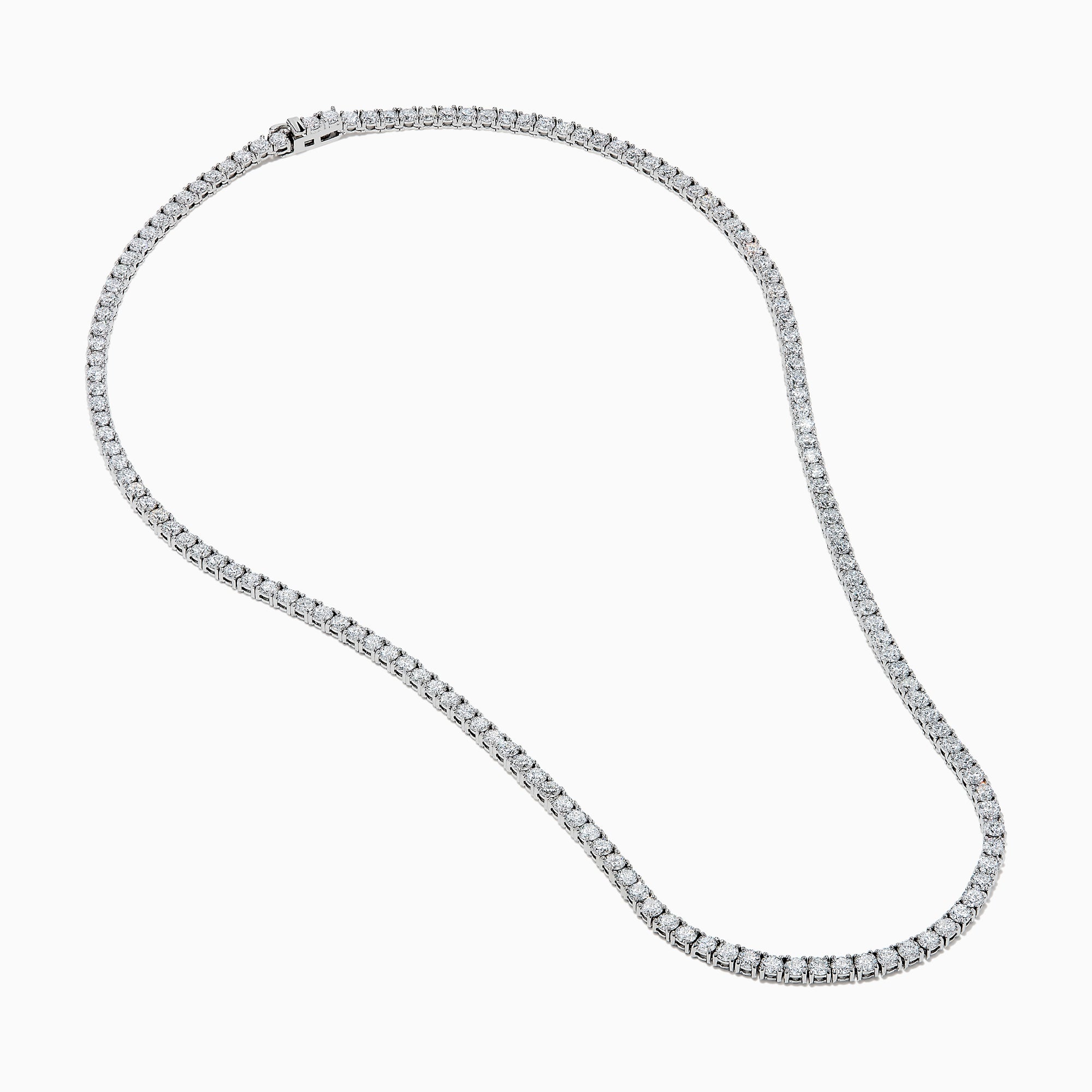 The Lab Grown Round Diamond 14.69ct Tennis Necklace in 14K White Gold features a continuous row of sparkling lab-grown diamonds set in a slim white gold chain, shown against a white background.