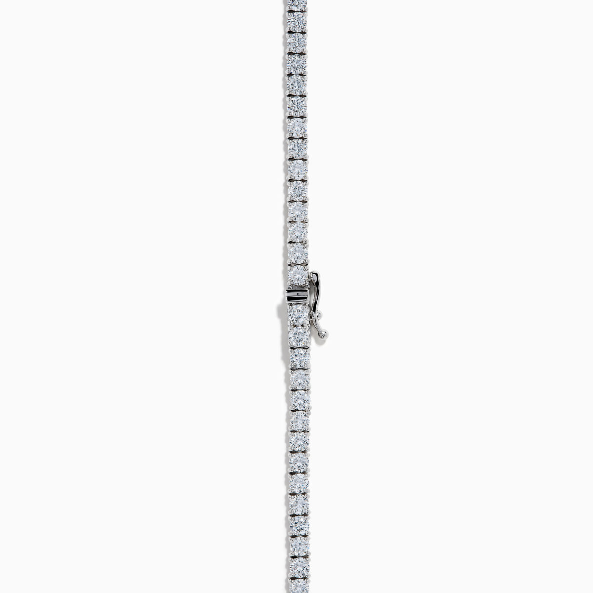 The Lab Grown Round Diamond 14.69ct Tennis Necklace in 14K White Gold features a continuous row of sparkling lab-grown diamonds set in a slim white gold chain, shown against a white background.
