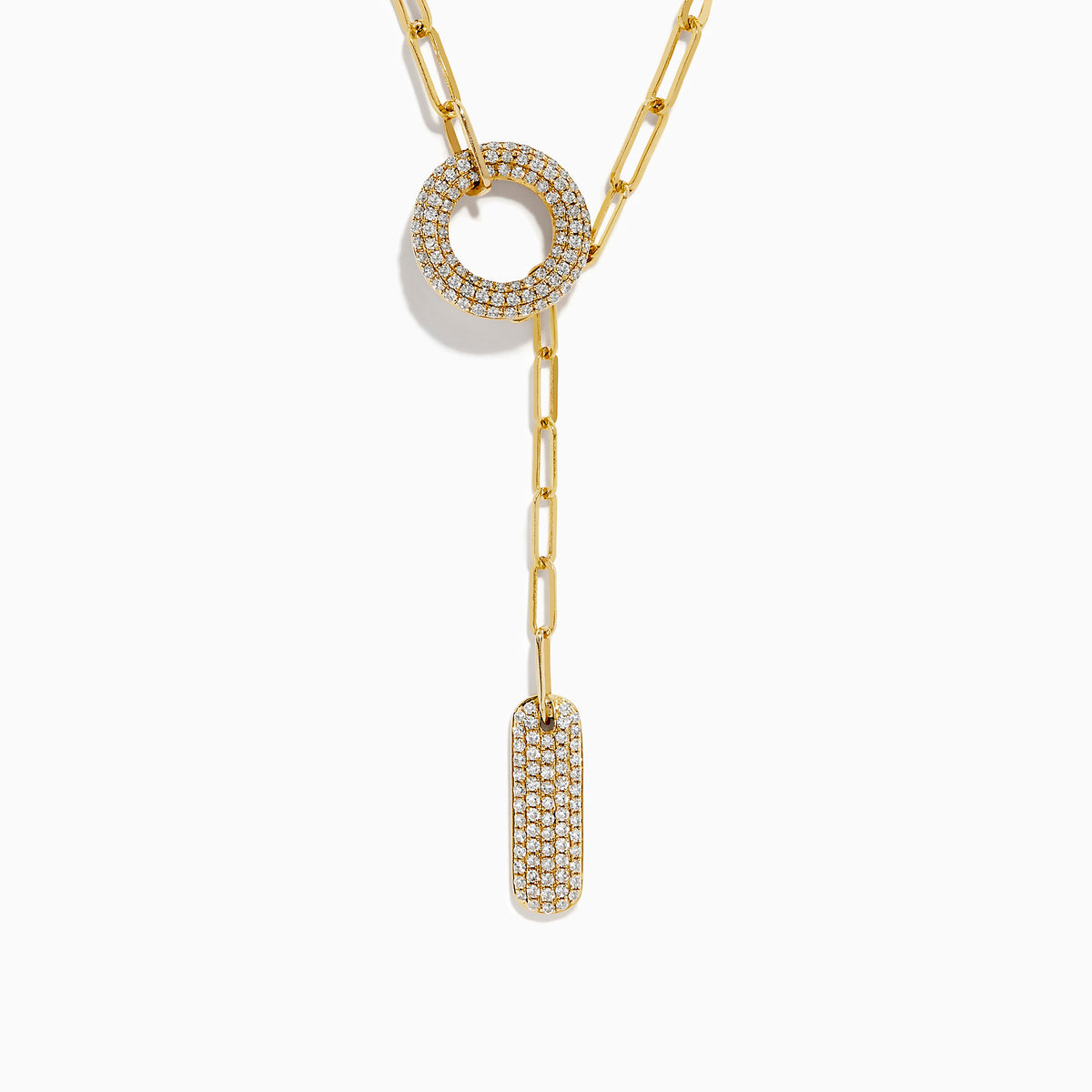 The DOro 14k Yellow Gold Paperclip Chain Diamond Necklace features a paperclip chain with a circular diamond-encrusted pendant and a rectangular diamond-studded charm for an elegant look.