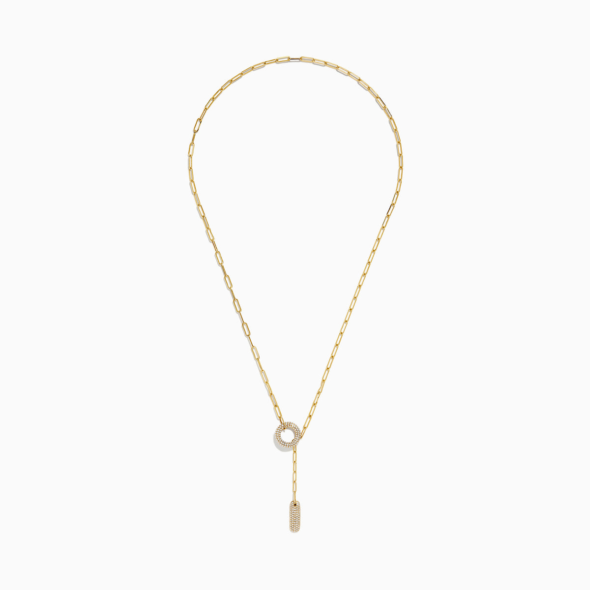 The DOro 14k Yellow Gold Paperclip Chain Diamond Necklace features a paperclip chain with a circular diamond-encrusted pendant and a rectangular diamond-studded charm for an elegant look.