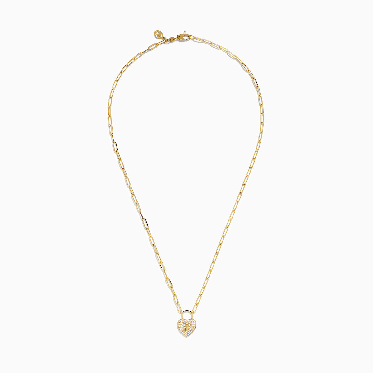 The Novelty 14K Yellow Gold Diamond Heart Lock Pendant is a yellow gold chain necklace with a diamond heart padlock, adorned with sparkling stones and a central keyhole design.