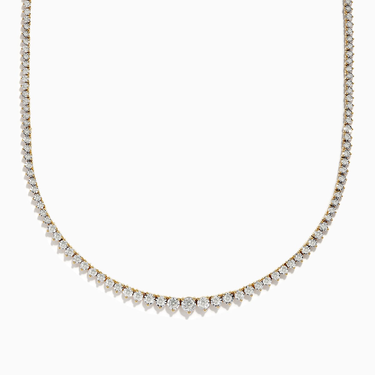 The Duo 14K Two-Tone Gold Diamond Tennis Necklace 2.94 TCW features a continuous row of round white diamonds that gradually increase in size toward the center, set in delicate two-tone gold.