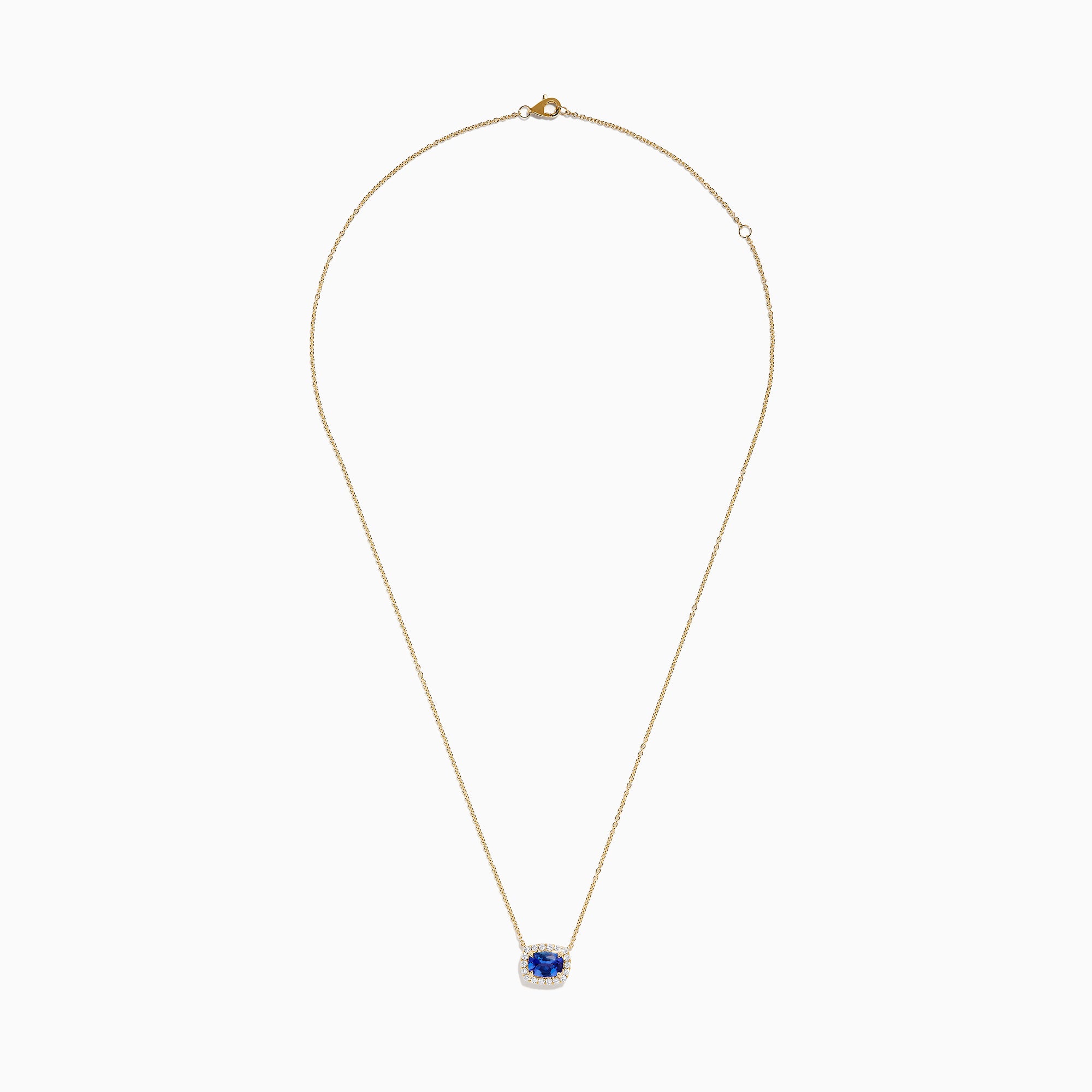 The Nahla 14K White Gold Tanzanite and Diamond Halo Necklace features a central blue oval tanzanite gemstone encircled by diamonds, shown on a white background.