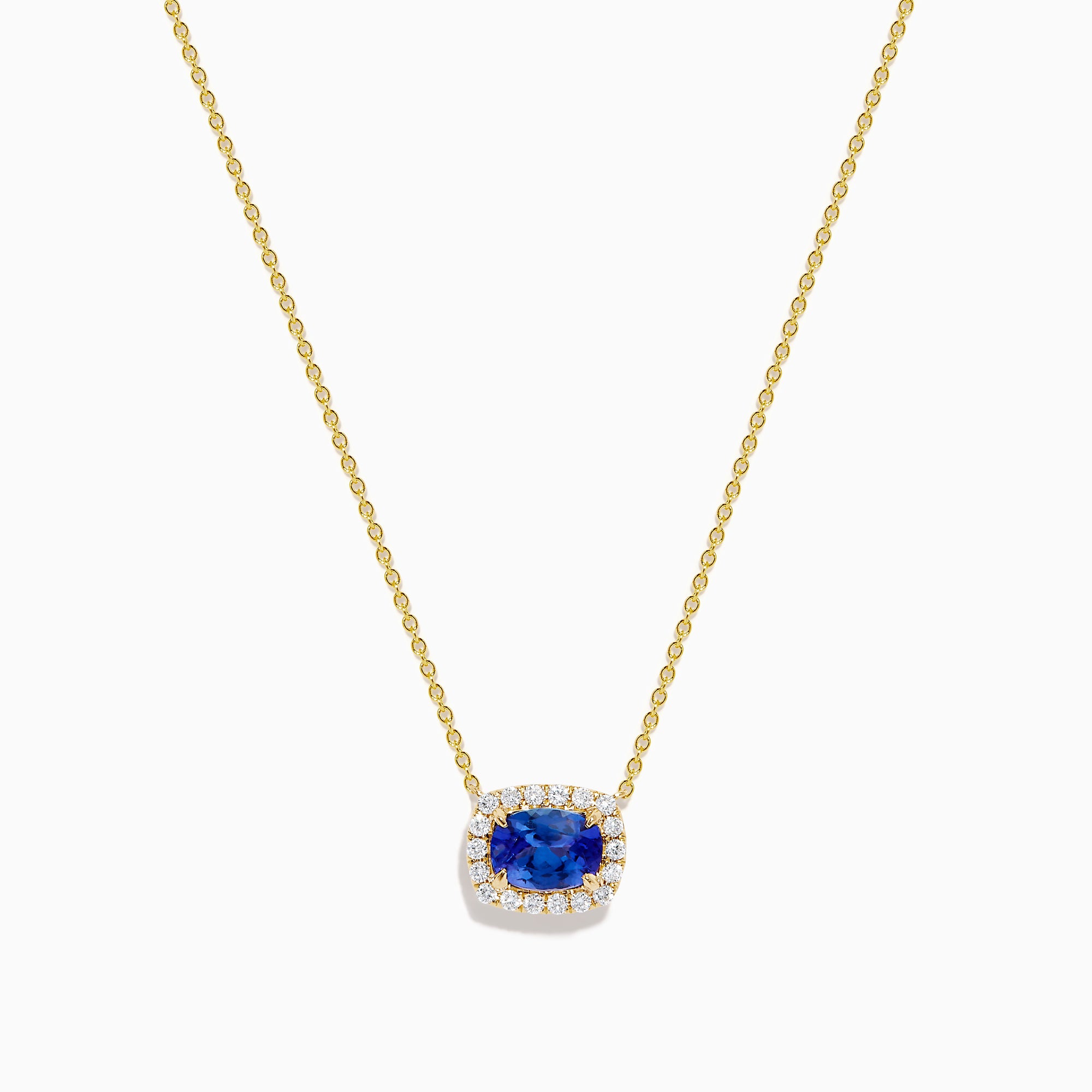 The Nahla 14K White Gold Tanzanite and Diamond Halo Necklace features a central blue oval tanzanite gemstone encircled by diamonds, shown on a white background.