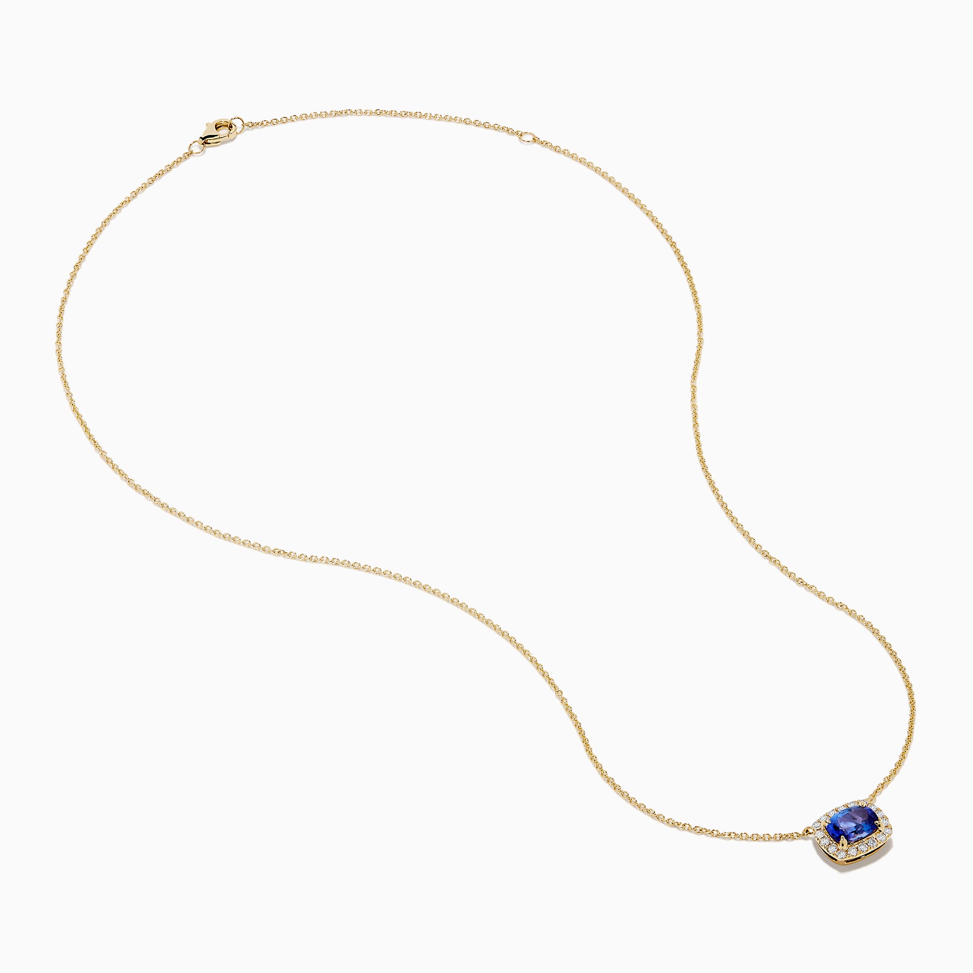 The Nahla 14K White Gold Tanzanite and Diamond Halo Necklace features a central blue oval tanzanite gemstone encircled by diamonds, shown on a white background.