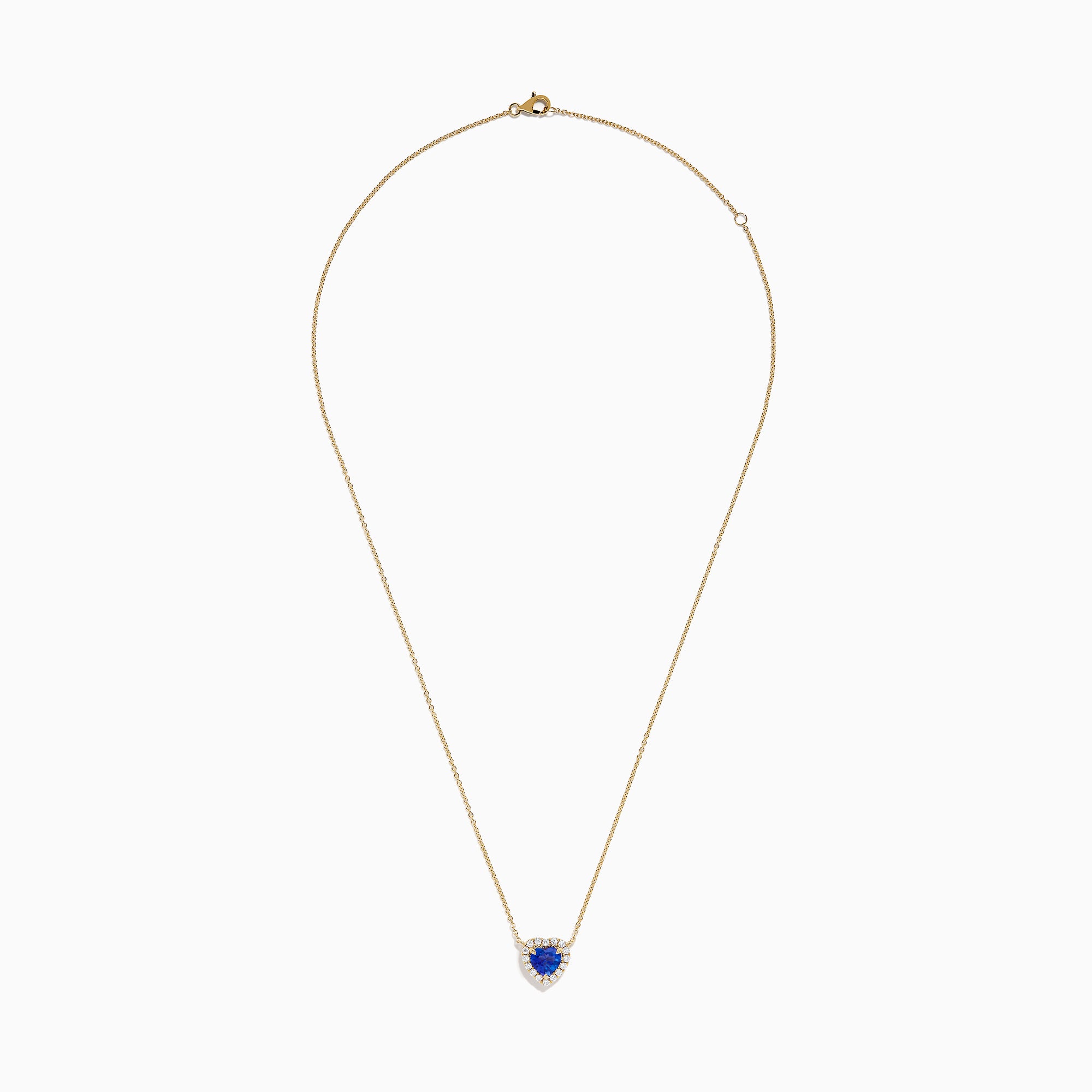 The Nahla 14K Yellow Gold Heart Tanzanite and Diamond Necklace features a heart-shaped blue tanzanite pendant accented with sparkling diamonds.