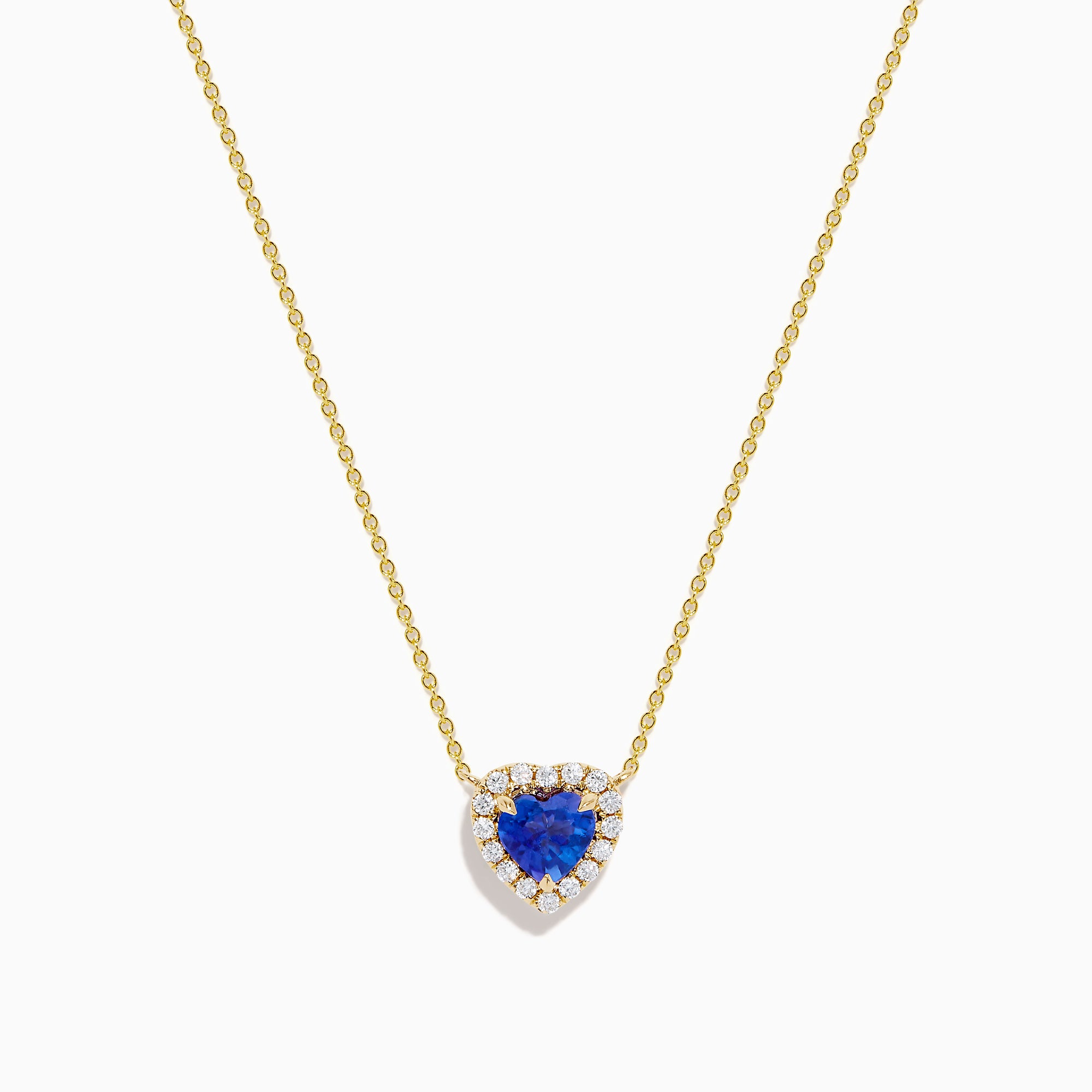 The Nahla 14K Yellow Gold Heart Tanzanite and Diamond Necklace features a heart-shaped blue tanzanite pendant accented with sparkling diamonds.