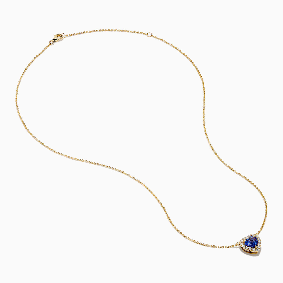 The Nahla 14K Yellow Gold Heart Tanzanite and Diamond Necklace features a heart-shaped blue tanzanite pendant accented with sparkling diamonds.