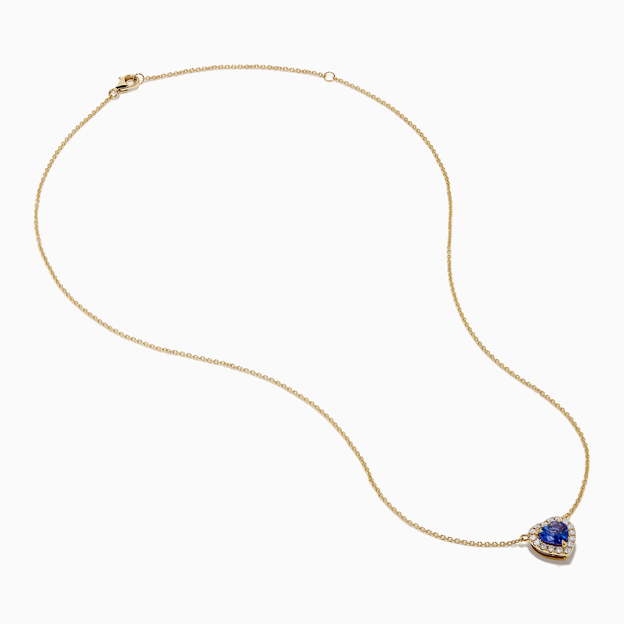 The Nahla 14K Yellow Gold Heart Tanzanite and Diamond Necklace features a heart-shaped blue tanzanite pendant accented with sparkling diamonds.