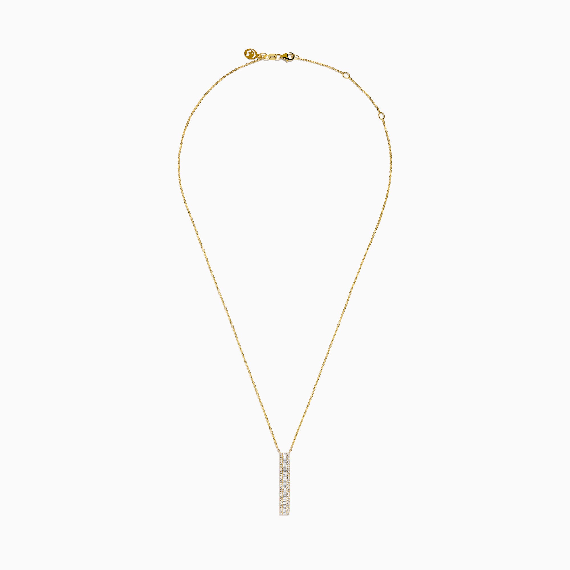 The D'Oro 14K Yellow Gold Diamond Bar Lariat Necklace features a vertical rectangular pendant set with square-cut white gemstones for a modern, elegant look.