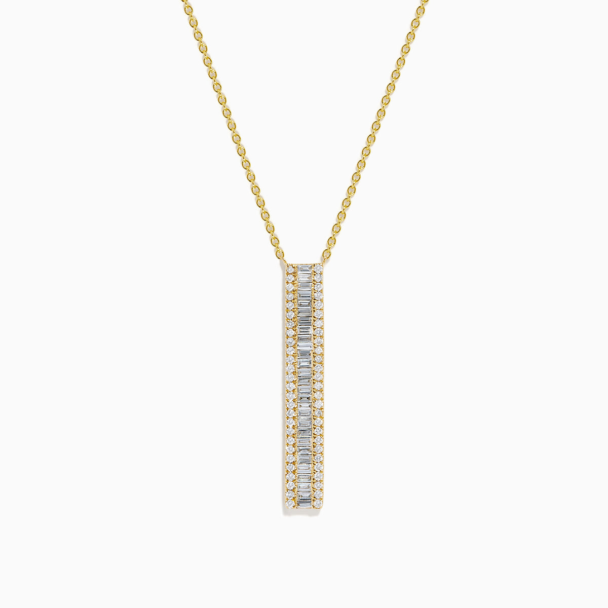 The D'Oro 14K Yellow Gold Diamond Bar Lariat Necklace features a vertical rectangular pendant set with square-cut white gemstones for a modern, elegant look.
