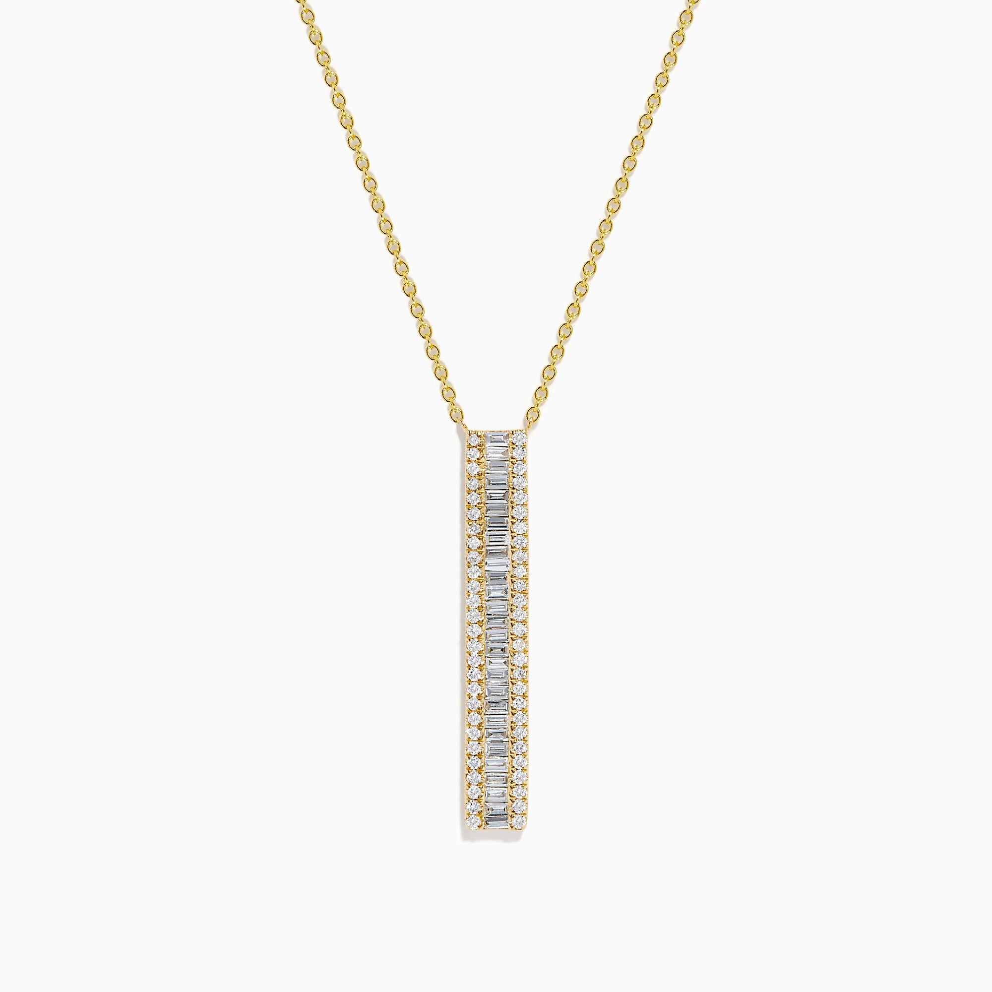 The D'Oro 14K Yellow Gold Diamond Bar Lariat Necklace features a vertical rectangular pendant set with square-cut white gemstones for a modern, elegant look.