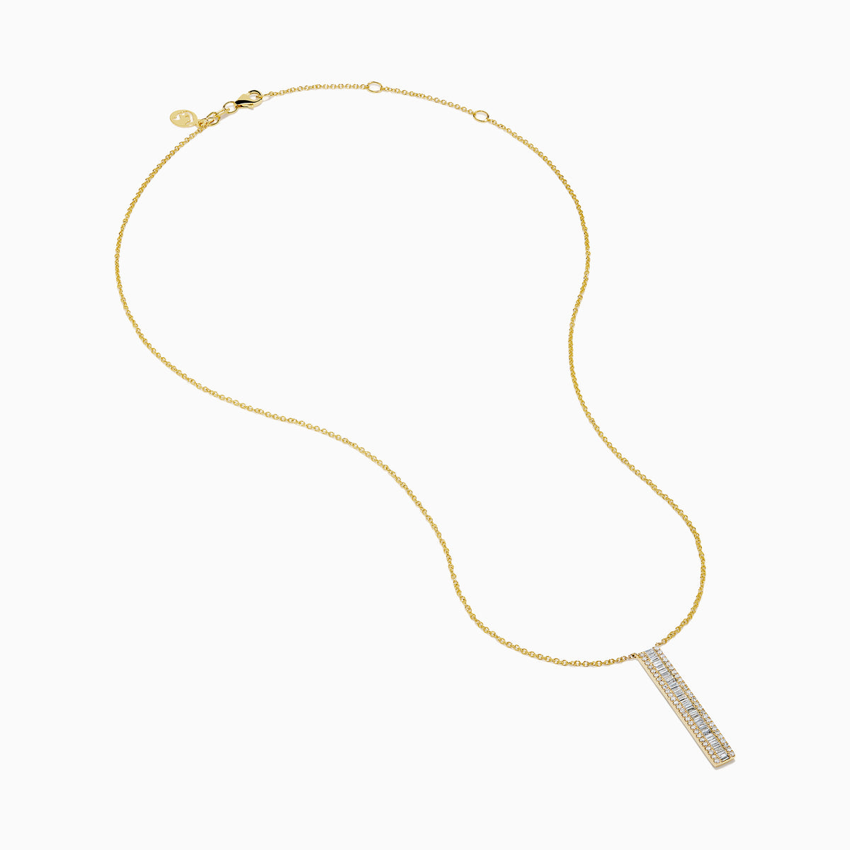The D'Oro 14K Yellow Gold Diamond Bar Lariat Necklace features a vertical rectangular pendant set with square-cut white gemstones for a modern, elegant look.