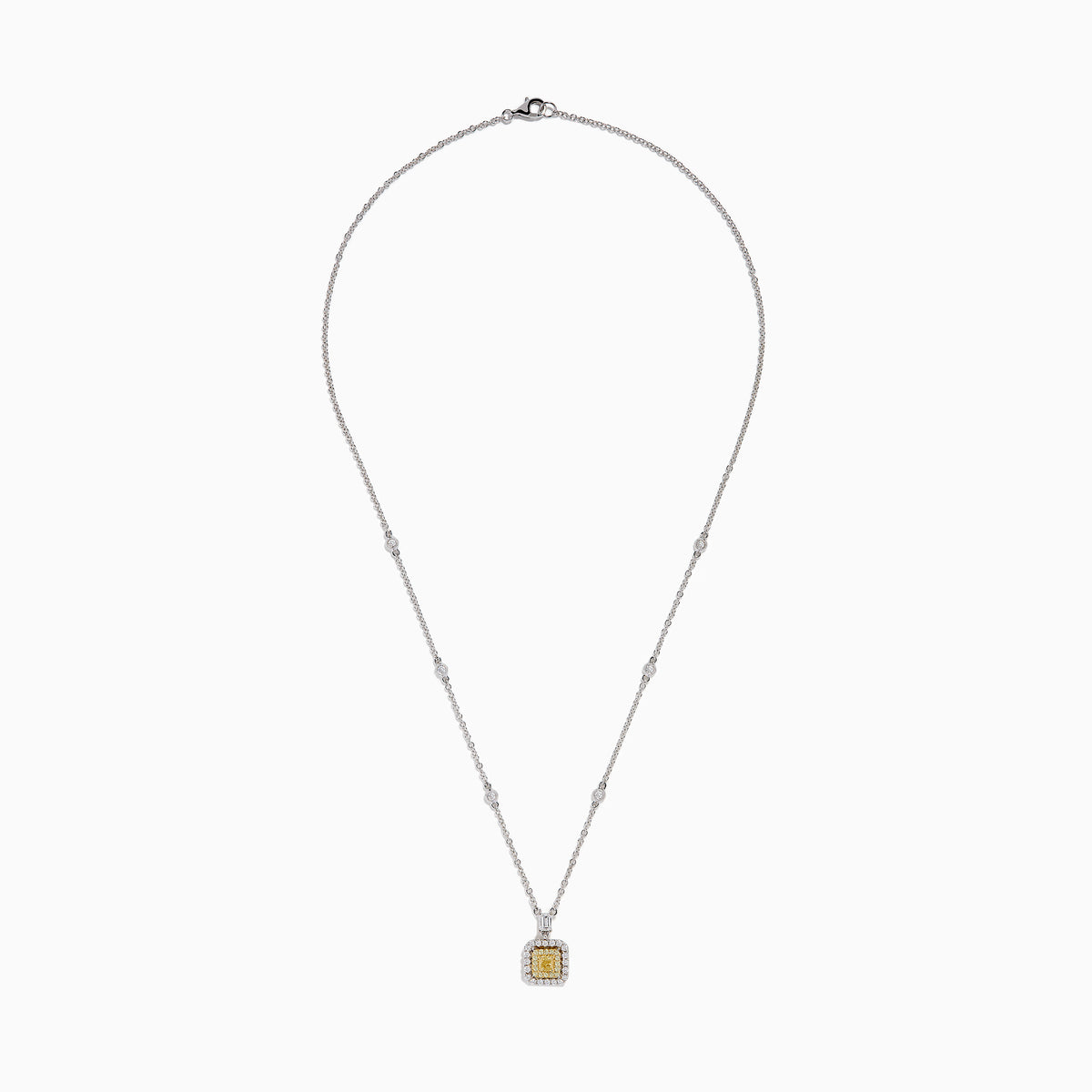 The Canare 18K Two Tone Gold White and Yellow Diamond Necklace features a square pendant with yellow and white diamonds, bordered by smaller white stones, hanging from a delicate chain set with round gemstones.