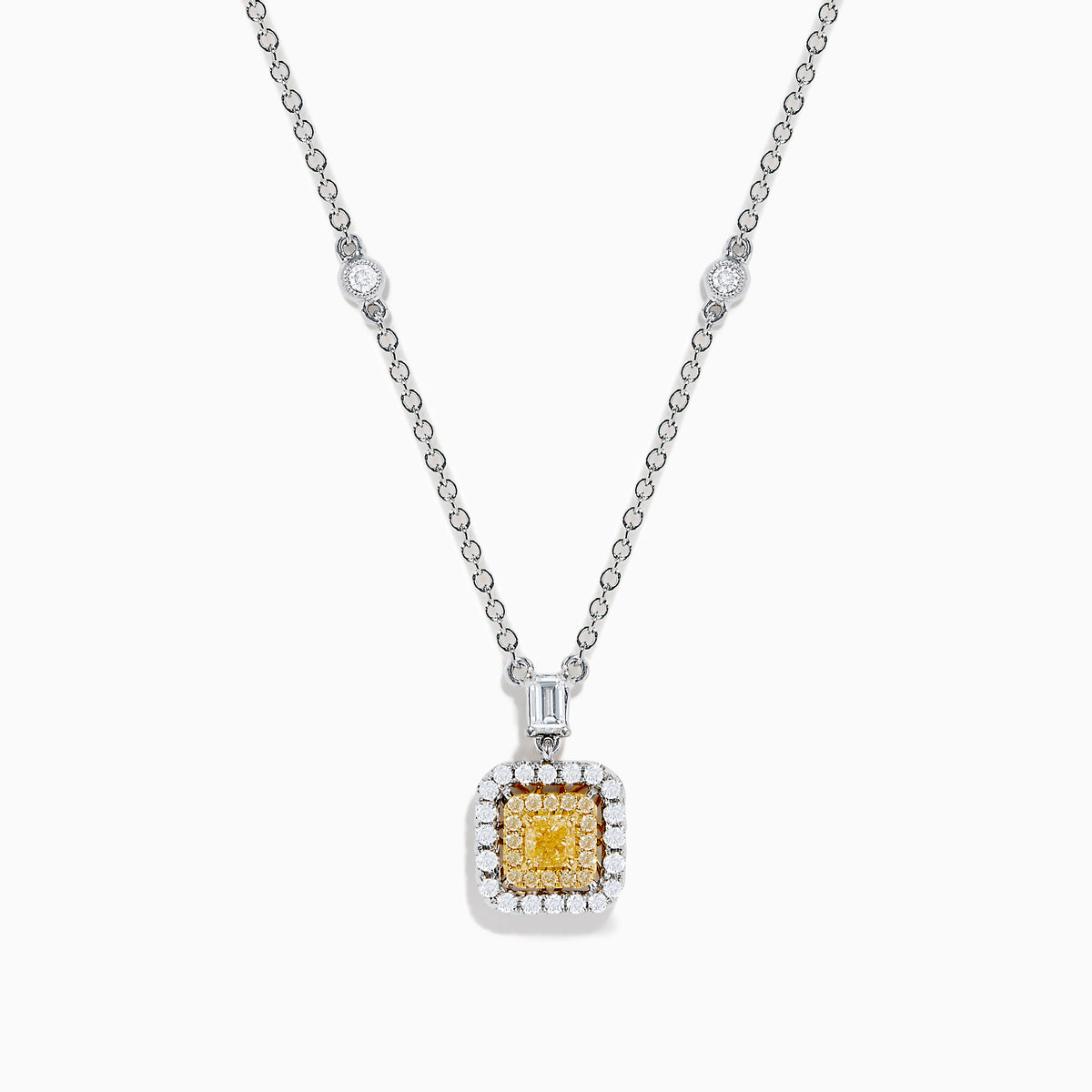 The Canare 18K Two Tone Gold White and Yellow Diamond Necklace features a square pendant with yellow and white diamonds, bordered by smaller white stones, hanging from a delicate chain set with round gemstones.