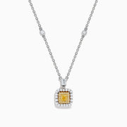 The Canare 18K Two Tone Gold White and Yellow Diamond Necklace features a square pendant with yellow and white diamonds, bordered by smaller white stones, hanging from a delicate chain set with round gemstones.