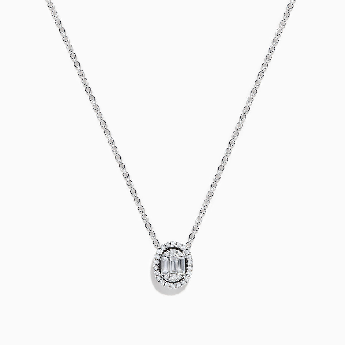 The Classique 14k White Gold Diamond Necklace by Effy features an oval pendant with a center cluster of baguette diamonds, encircled by a halo of round diamonds for a delicate, elegant look.