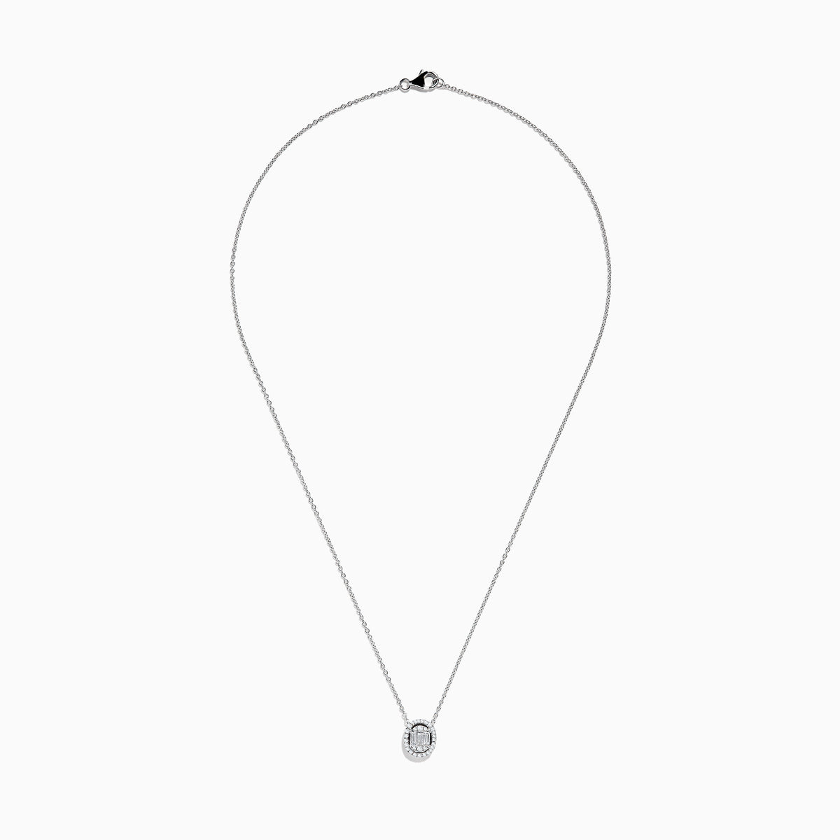 The Classique 14k White Gold Diamond Necklace by Effy features an oval pendant with a center cluster of baguette diamonds, encircled by a halo of round diamonds for a delicate, elegant look.