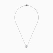 The Classique 14k White Gold Diamond Necklace by Effy features an oval pendant with a center cluster of baguette diamonds, encircled by a halo of round diamonds for a delicate, elegant look.