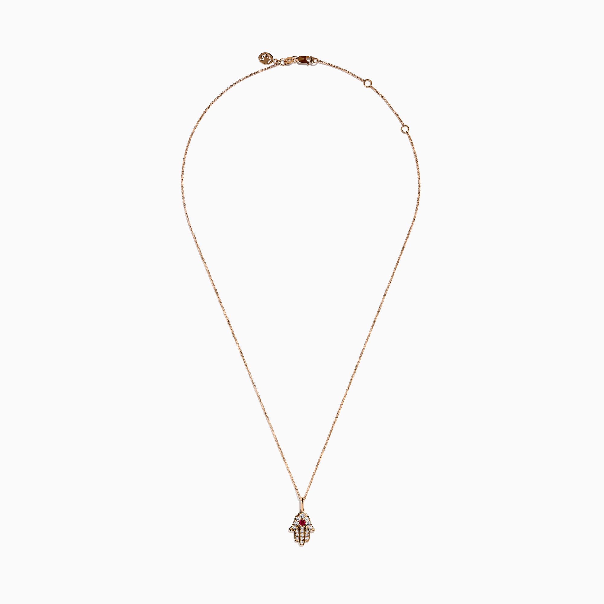 The Ruby Royale 14K Rose Gold Diamond and Ruby Hamsa Pendant features sparkling diamonds and a central ruby, showcased elegantly against a white background.