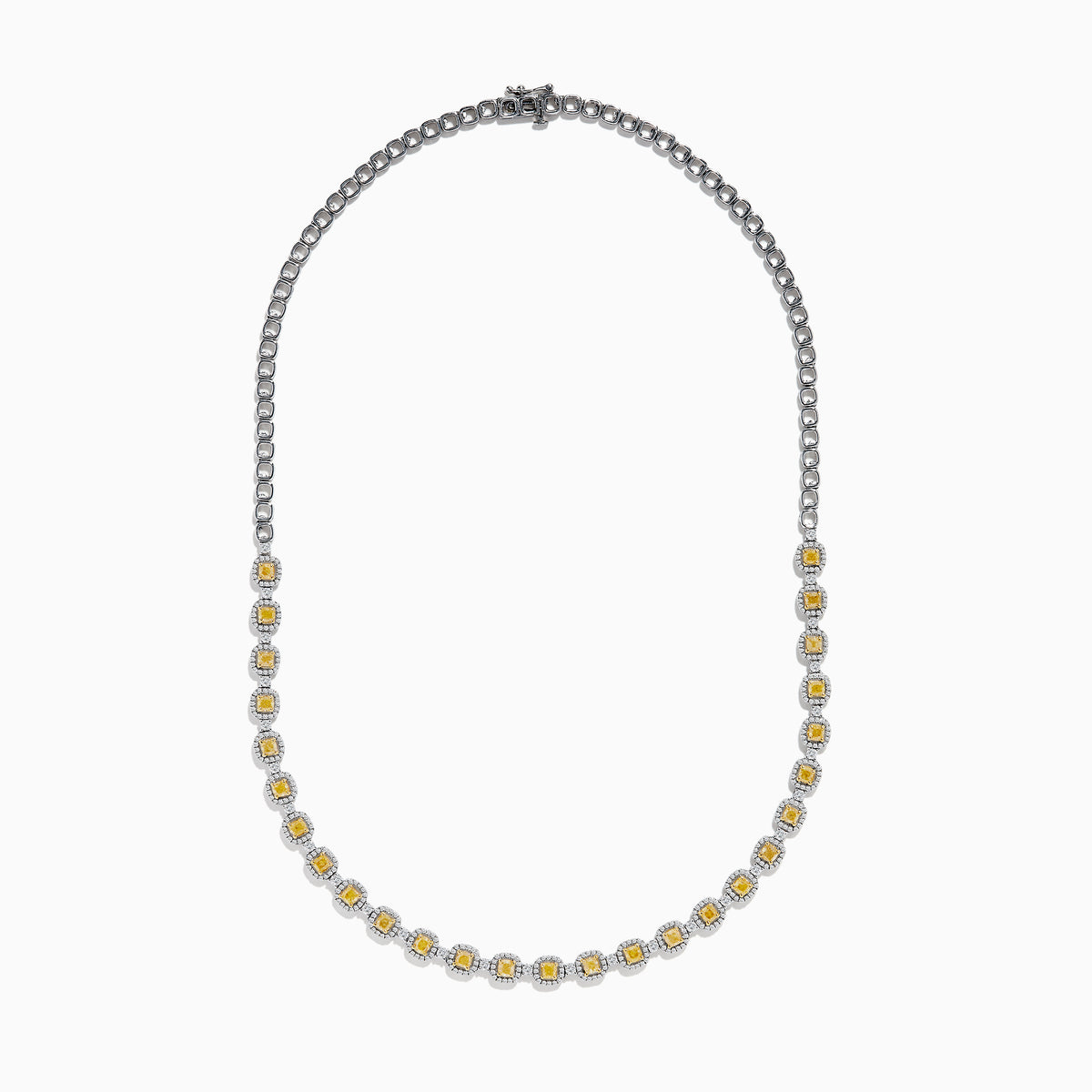 The Canare 18K Two Tone Gold White and Yellow Diamond Necklace showcases square yellow diamonds, each framed by small white diamonds, evenly set along the chain for a refined two-tone gold effect.