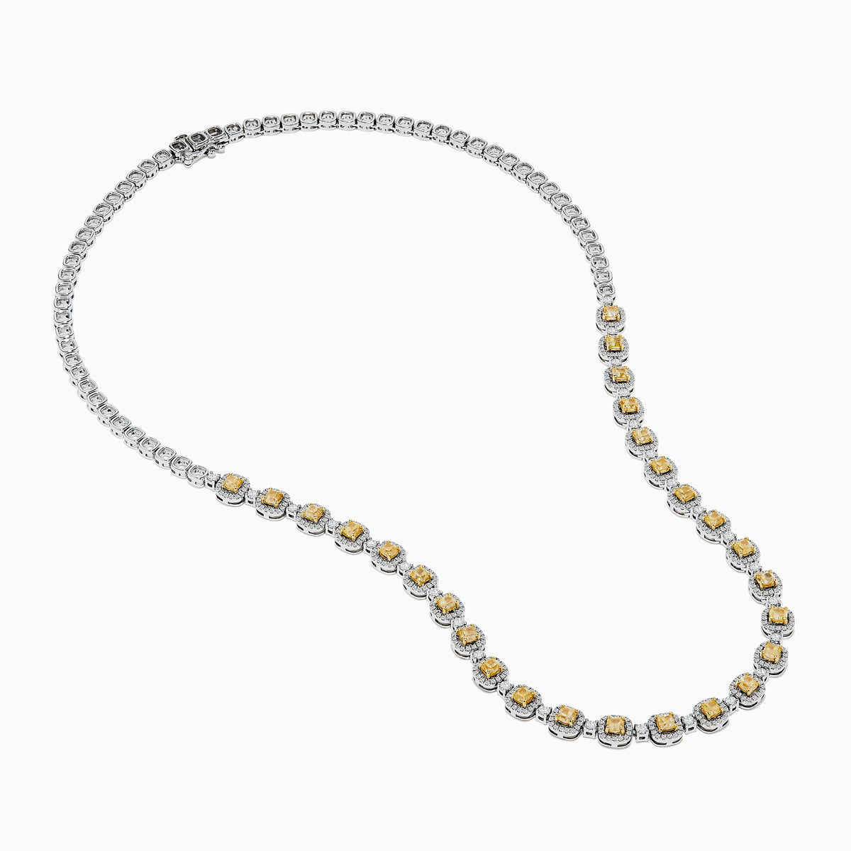 The Canare 18K Two Tone Gold White and Yellow Diamond Necklace showcases square yellow diamonds, each framed by small white diamonds, evenly set along the chain for a refined two-tone gold effect.