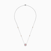 The 14K Two Tone Gold Pink and White Diamond Necklace features a circular pendant with pink stones in the center, clear stones around it, and two small round accents on the gold chain.