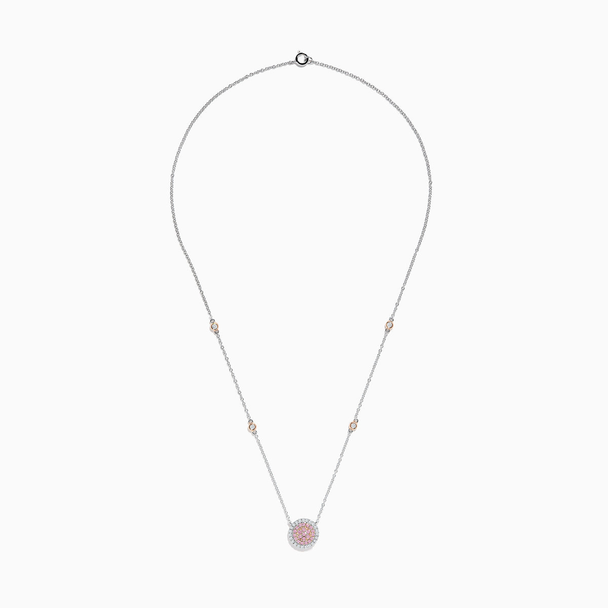 The 14K Two Tone Gold Pink and White Diamond Necklace features a circular pendant with pink stones in the center, clear stones around it, and two small round accents on the gold chain.