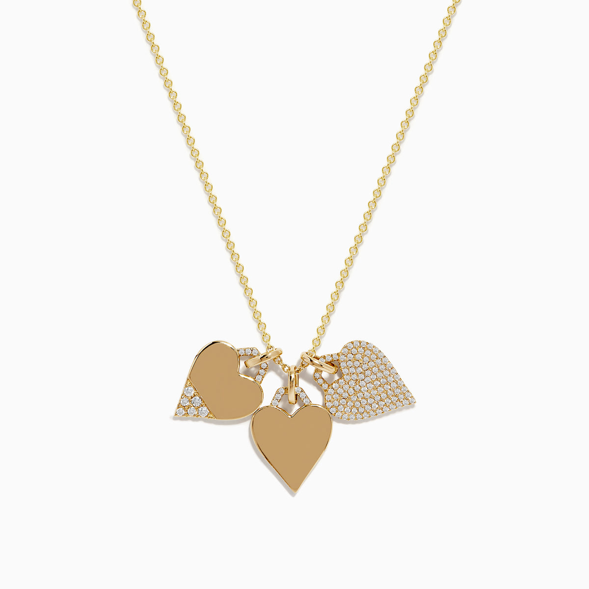 A delicate 14K yellow gold chain features the Novelty 14K Yellow Gold Diamond Hearts Pendant: three heart-shaped charms—two with sparkling diamonds, one in plain gold—offering a charming, elegant accent.