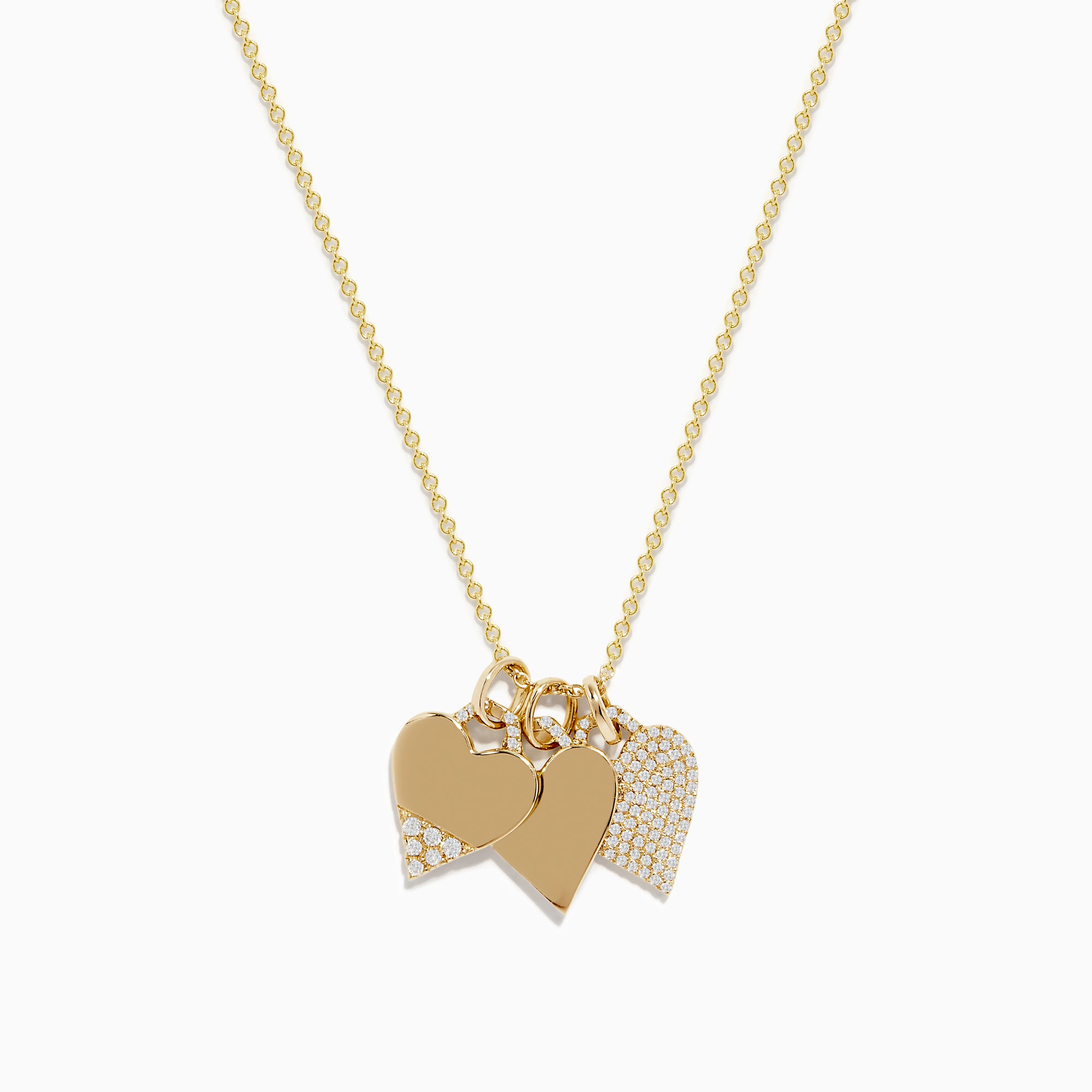 A delicate 14K yellow gold chain features the Novelty 14K Yellow Gold Diamond Hearts Pendant: three heart-shaped charms—two with sparkling diamonds, one in plain gold—offering a charming, elegant accent.