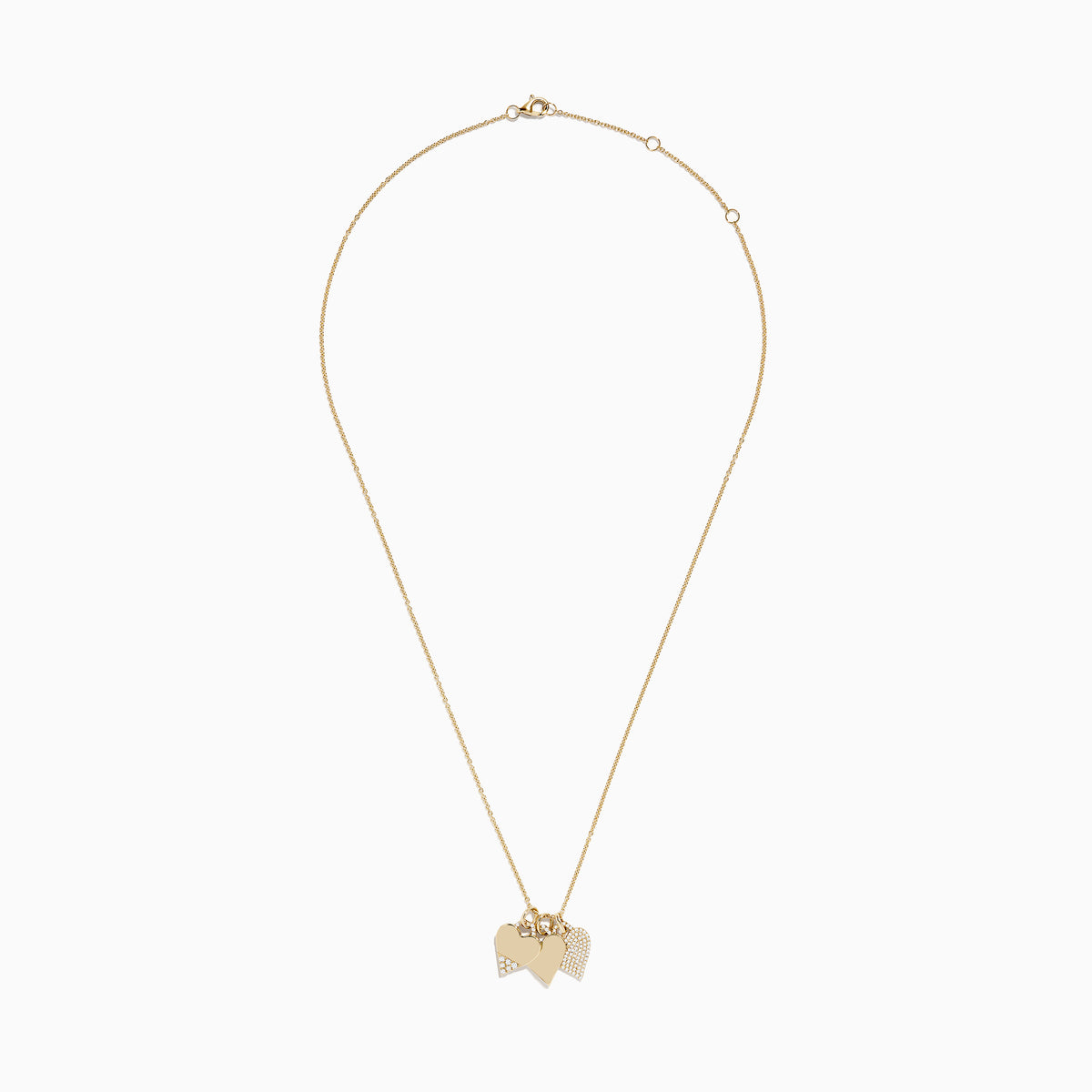 A delicate 14K yellow gold chain features the Novelty 14K Yellow Gold Diamond Hearts Pendant: three heart-shaped charms—two with sparkling diamonds, one in plain gold—offering a charming, elegant accent.