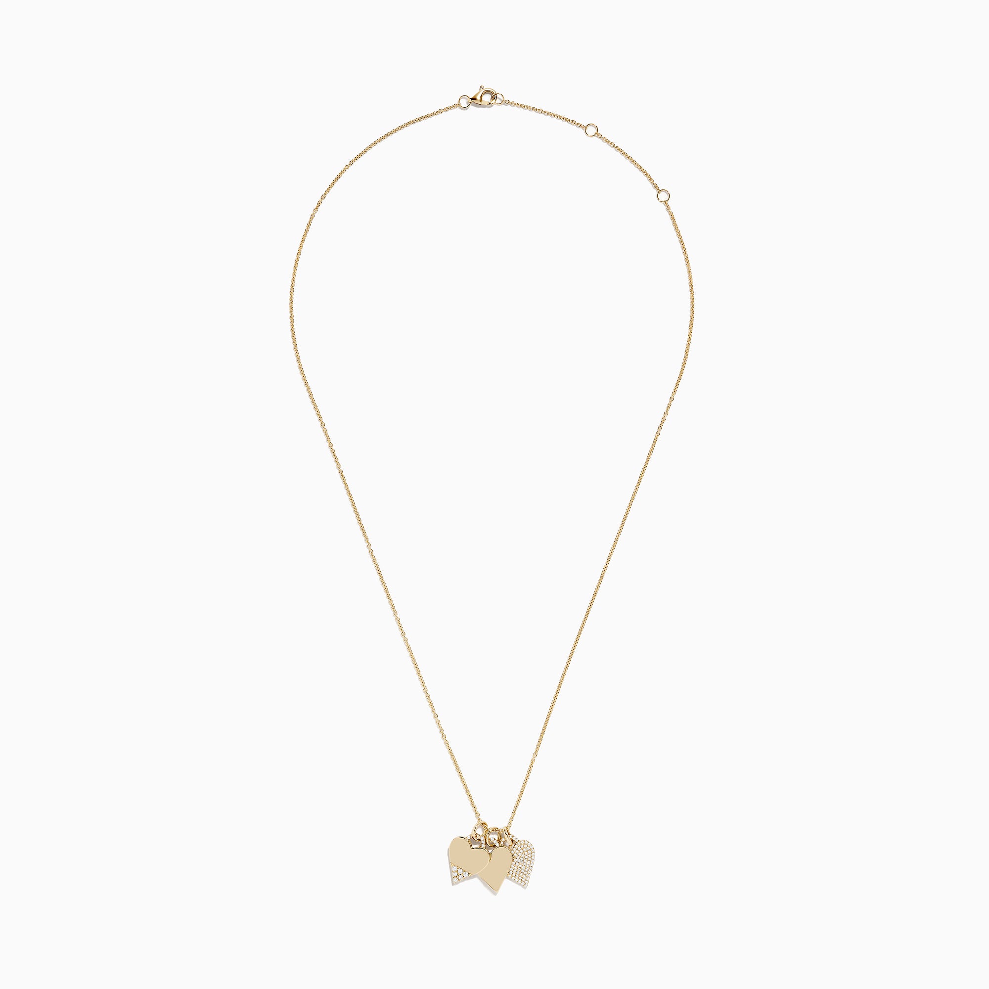 A delicate 14K yellow gold chain features the Novelty 14K Yellow Gold Diamond Hearts Pendant: three heart-shaped charms—two with sparkling diamonds, one in plain gold—offering a charming, elegant accent.