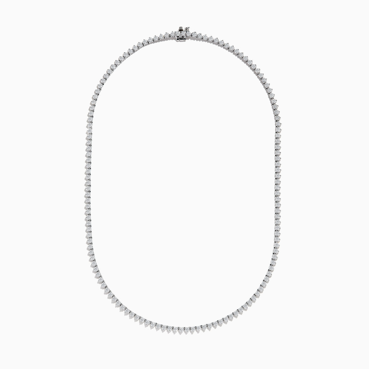 The Pave Classica 14K White Gold Diamond Tennis Necklace 6.81 TCW features evenly spaced round diamonds in a gentle curve, offering a sparkling, elegant look against a plain white background.