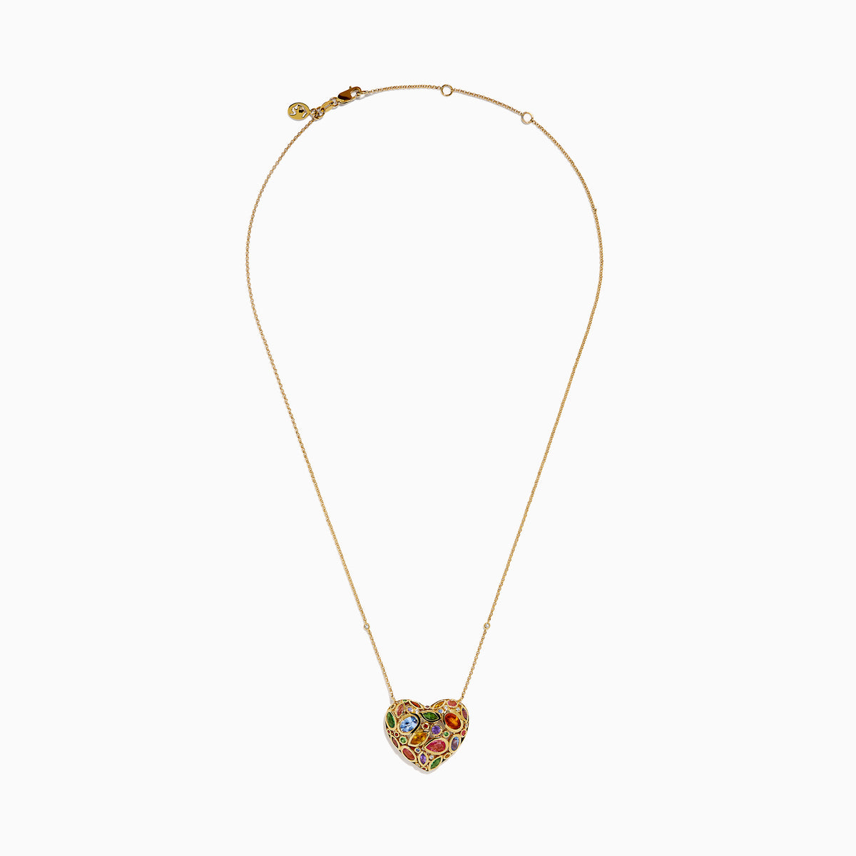 Watercolors 14K Yellow Gold Multi Sapphire Openwork Heart Pendant featuring vibrant sapphires in various shapes and sizes, hanging on a delicate gold chain against a white background.