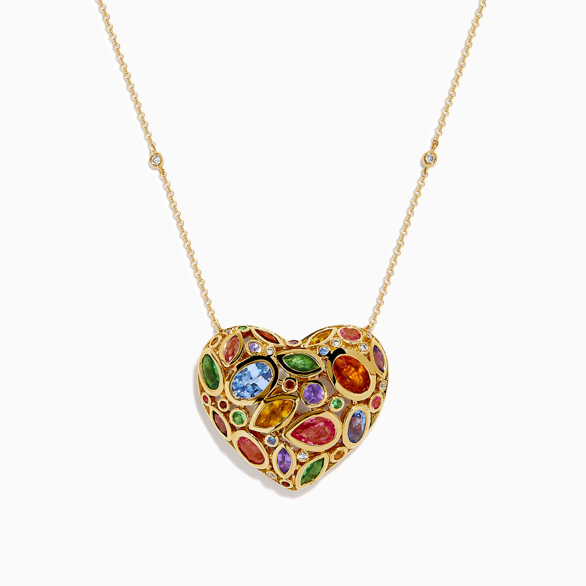 Watercolors 14K Yellow Gold Multi Sapphire Openwork Heart Pendant featuring vibrant sapphires in various shapes and sizes, hanging on a delicate gold chain against a white background.