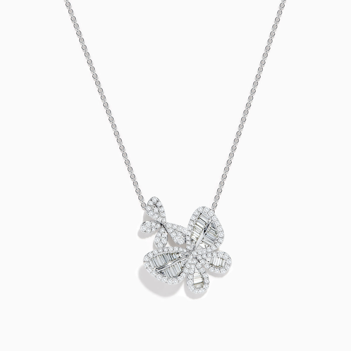 The Nature 14K White Gold Diamond Flower Necklace features sparkling diamonds in a flower-shaped pendant with intricate detailing on a fine chain, elegantly displayed on a white background.