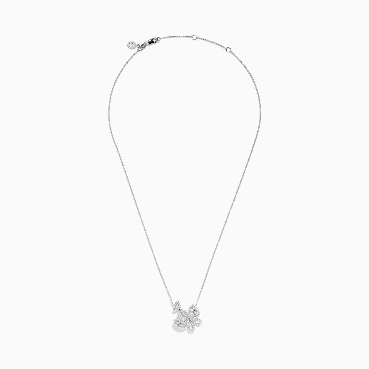 The Nature 14K White Gold Diamond Flower Necklace features sparkling diamonds in a flower-shaped pendant with intricate detailing on a fine chain, elegantly displayed on a white background.