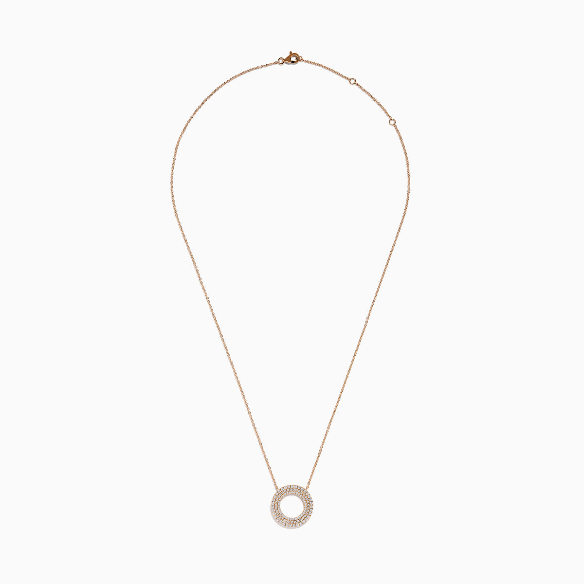 The Pave Rose 14K Rose Gold Diamond Circle Necklace showcases a circular pendant with two concentric rows of sparkling diamonds, shown on a white background.