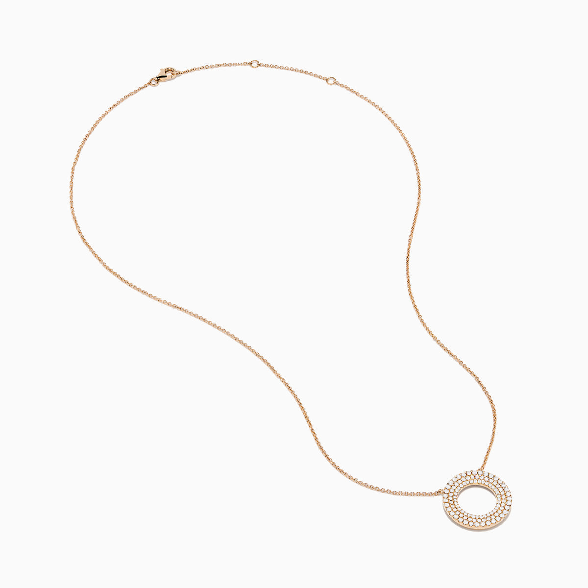 The Pave Rose 14K Rose Gold Diamond Circle Necklace showcases a circular pendant with two concentric rows of sparkling diamonds, shown on a white background.