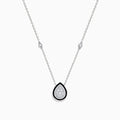 The Pave Classica 14K White Gold Diamond and Enamel Necklace features a teardrop diamond pendant bordered with black enamel and two small round diamonds on the chain, set against a white background.