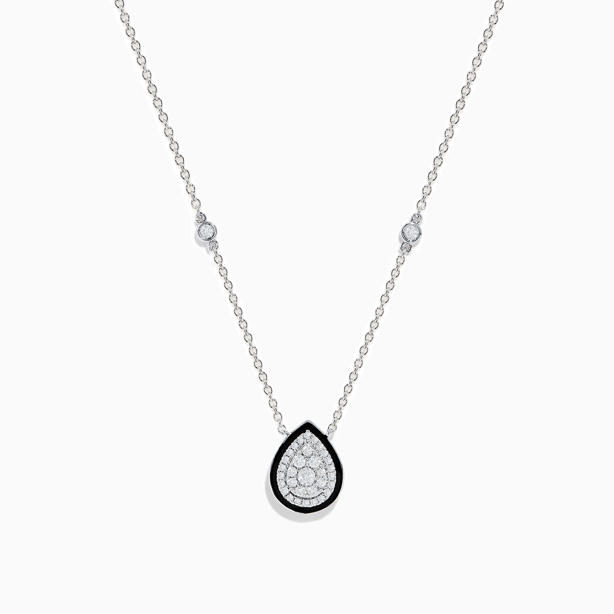 The Pave Classica 14K White Gold Diamond and Enamel Necklace features a teardrop diamond pendant bordered with black enamel and two small round diamonds on the chain, set against a white background.