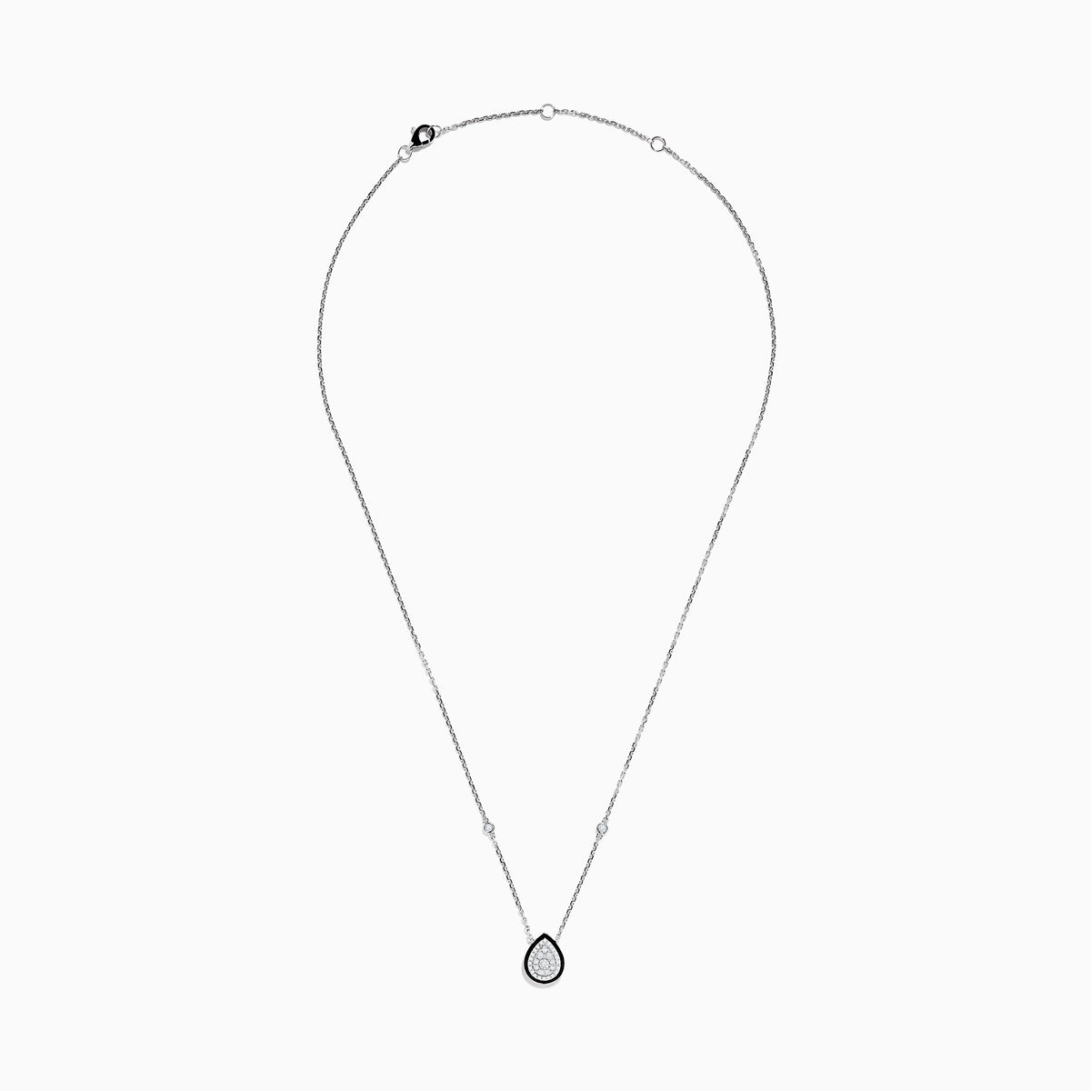 The Pave Classica 14K White Gold Diamond and Enamel Necklace features a teardrop diamond pendant bordered with black enamel and two small round diamonds on the chain, set against a white background.