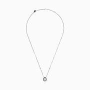 The Pave Classica 14K White Gold Diamond and Enamel Necklace features a teardrop diamond pendant bordered with black enamel and two small round diamonds on the chain, set against a white background.