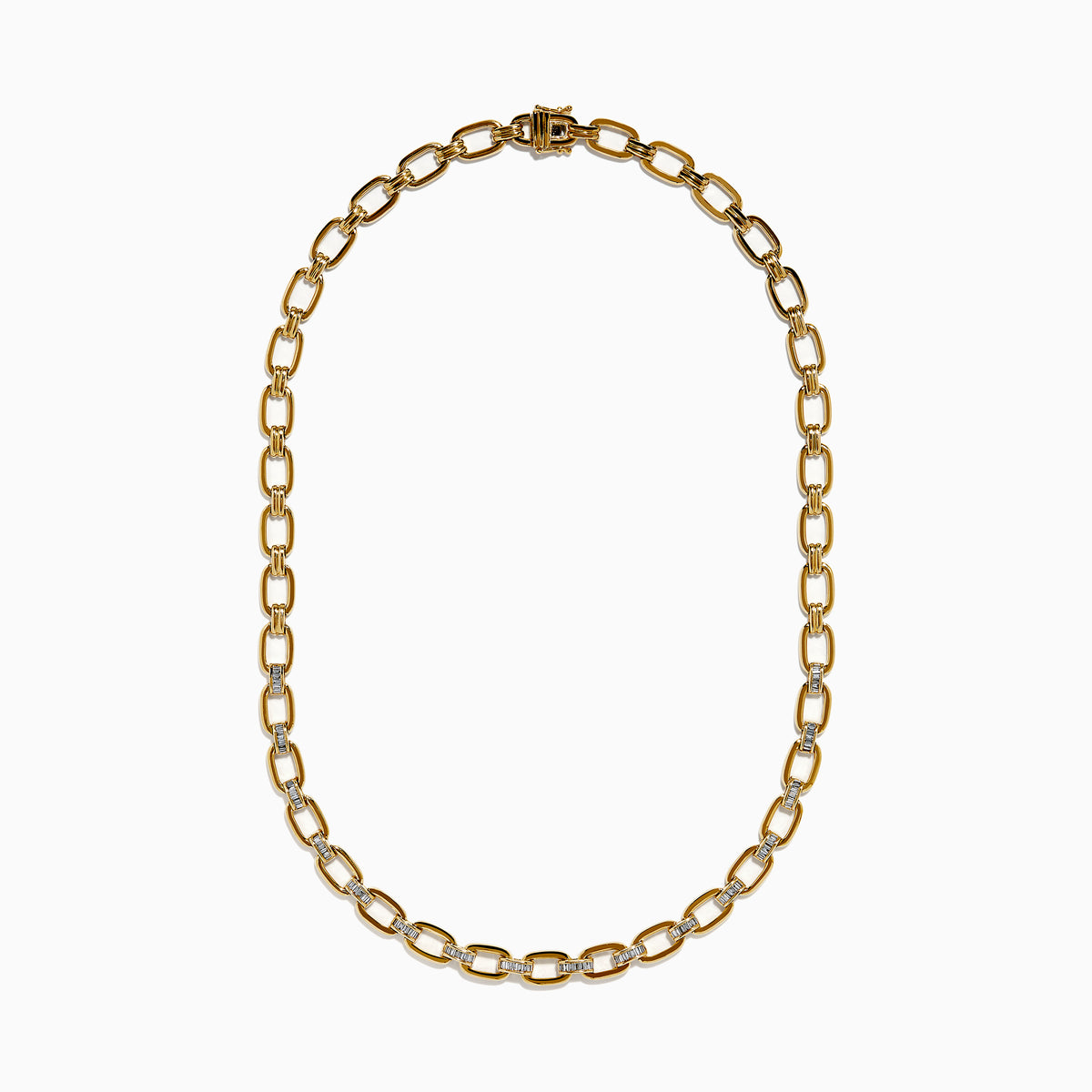 The 14K Yellow Gold Chain Link Necklace with Diamond Accents features oval links joined by sections set with clear diamonds, forming a symmetrical, elegant design.