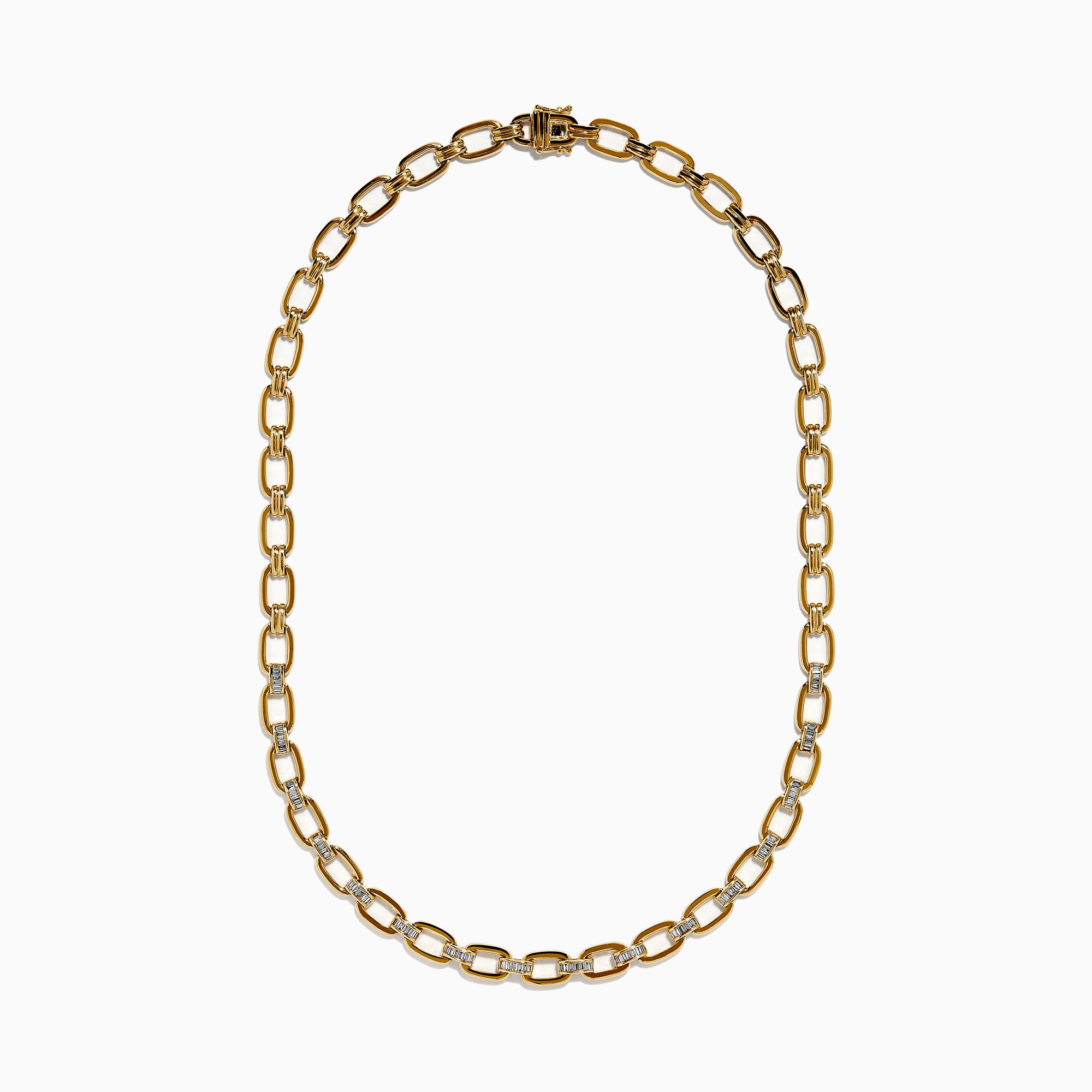 The 14K Yellow Gold Chain Link Necklace with Diamond Accents features oval links joined by sections set with clear diamonds, forming a symmetrical, elegant design.
