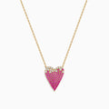 The 14K Yellow Gold Pink Sapphire and Diamond Heart Necklace features a heart-shaped pendant with pink sapphires and diamonds in a gradient design.