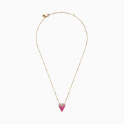 The 14K Yellow Gold Pink Sapphire and Diamond Heart Necklace features a heart-shaped pendant with pink sapphires and diamonds in a gradient design.